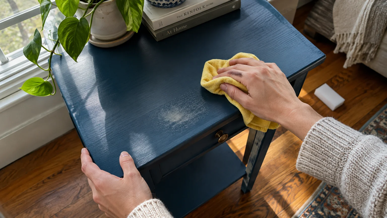 A person wiping a dull, scuffed patch on a painted dark blue wooden nightstand with a yellow cloth.