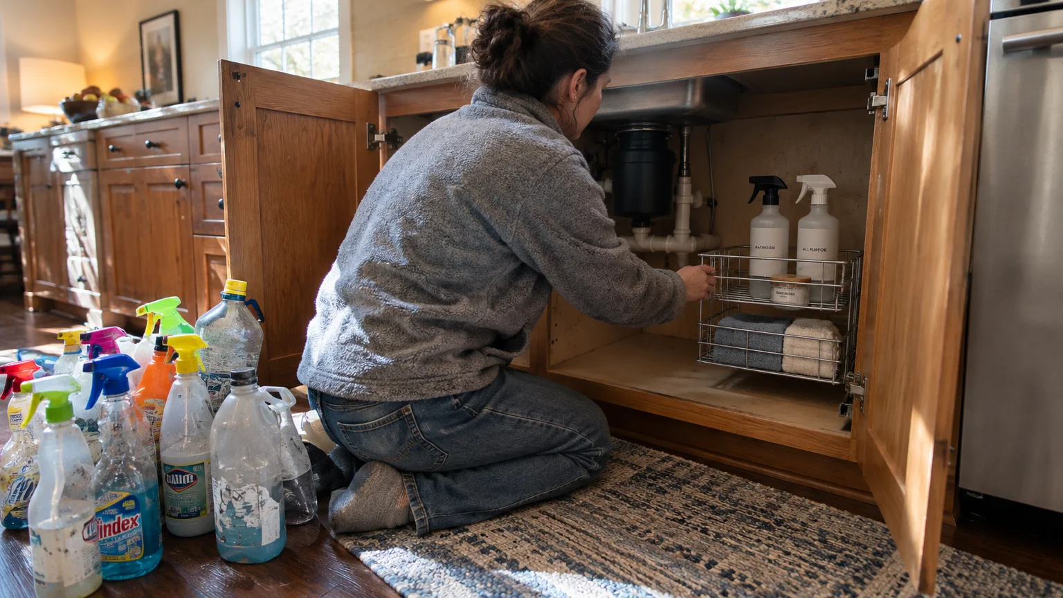 A woman kneels on the floor organizing a wire rack inside an open under-sink cabinet near plastic cleaning bottles.