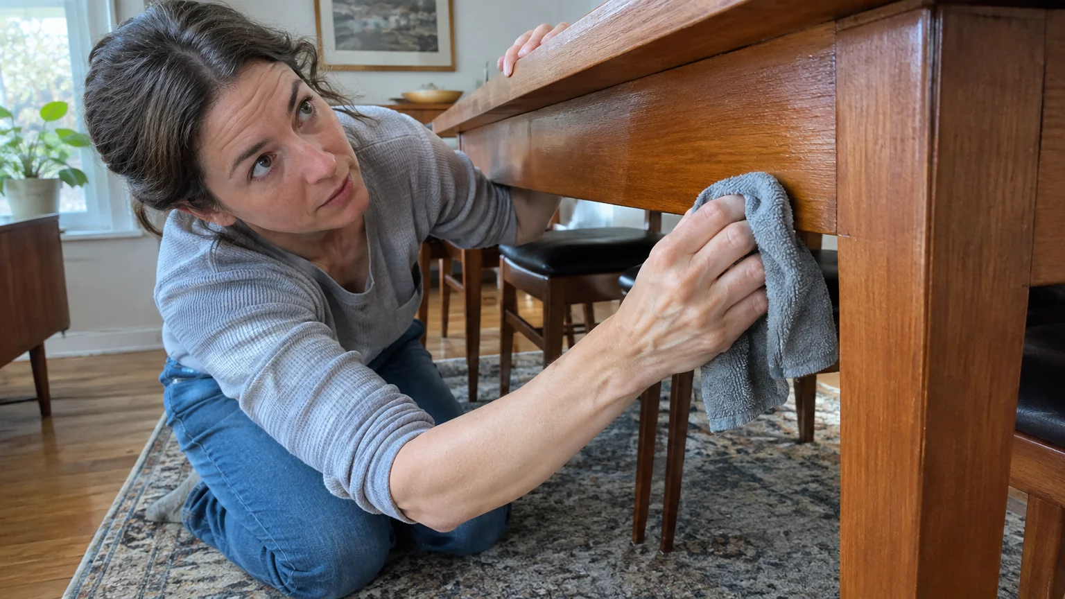 A woman kneeling on a rug wipes the wooden apron beneath a dining table using a gray cloth.