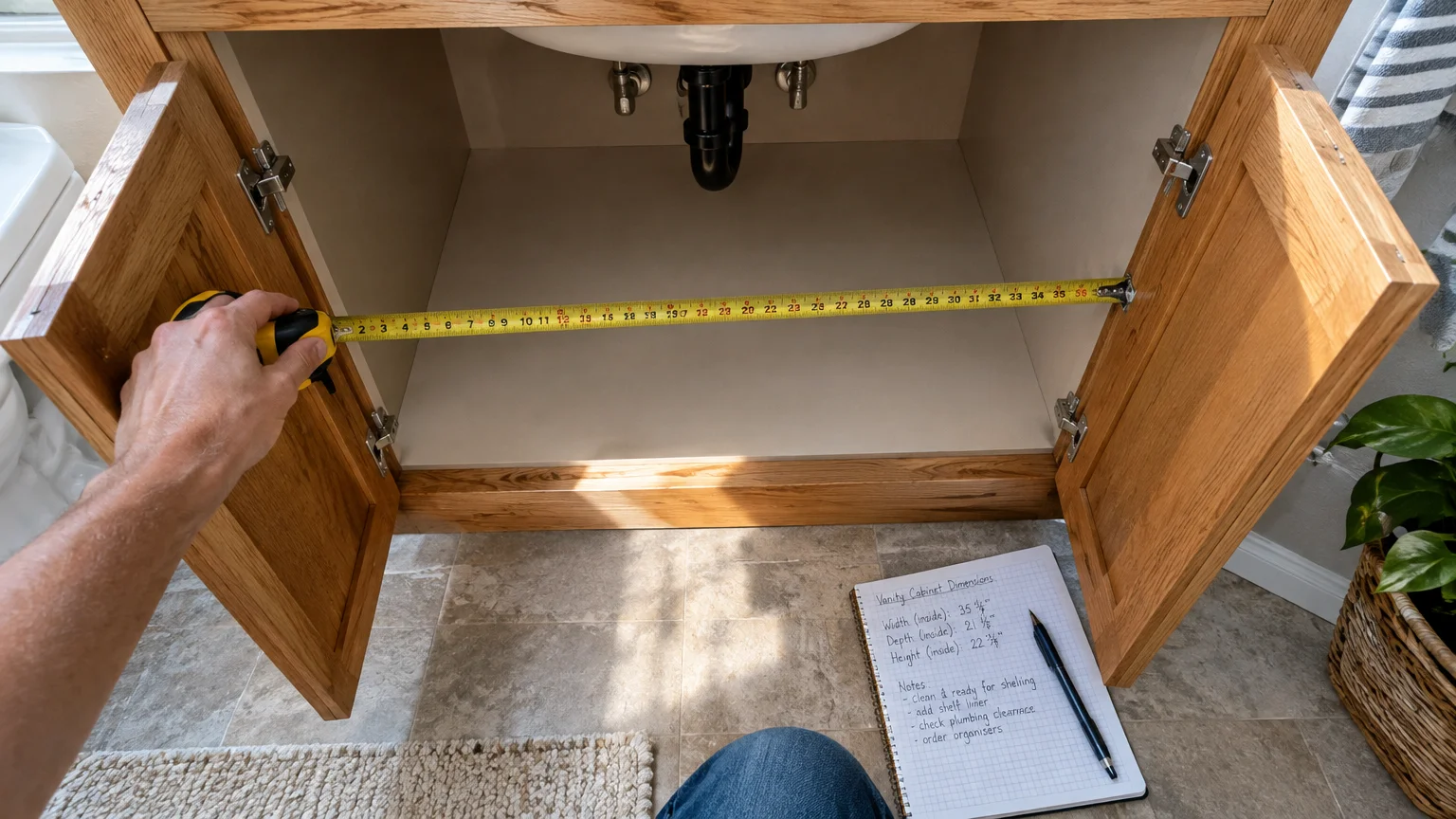 Person measuring the width inside an open wooden vanity cabinet with a tape measure, beside a notepad on the tile floor.