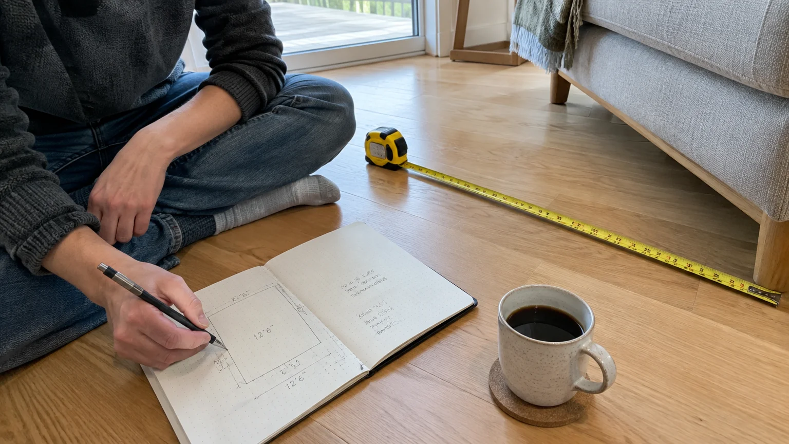 Person sitting on a wood floor sketches a floor plan in a notebook next to a coffee mug and an extended tape measure.