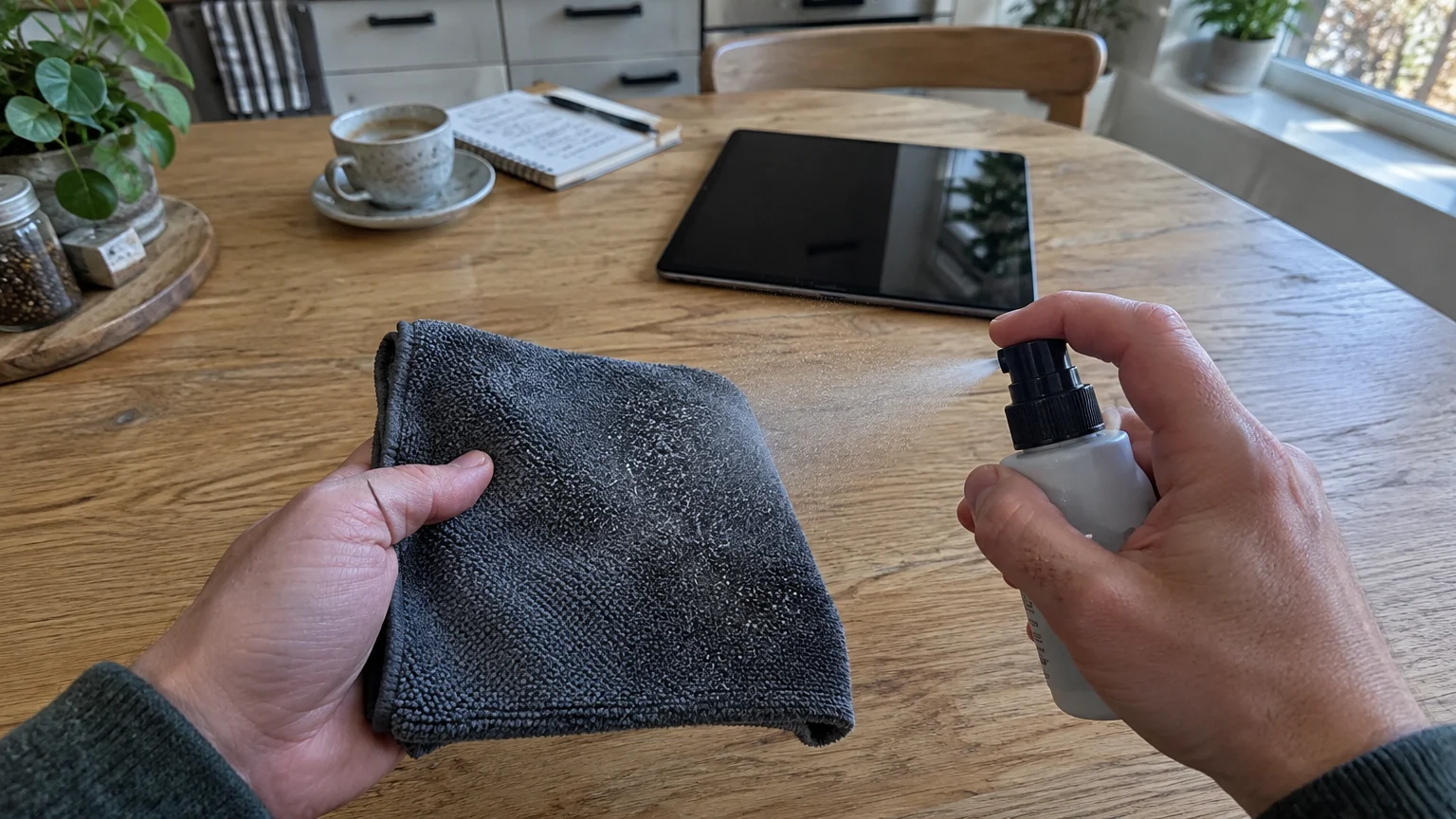 Hands spraying a fine liquid mist from a small bottle onto a folded grey microfiber cloth above a wooden table.