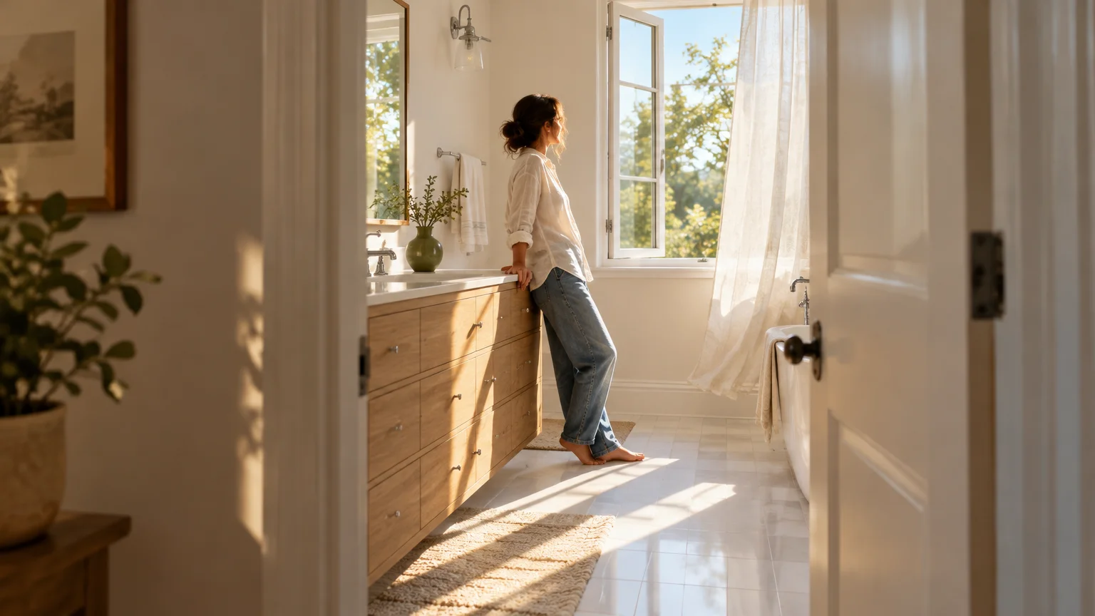A woman in casual clothes leans against a wooden bathroom vanity, looking out an open, sunlit window.