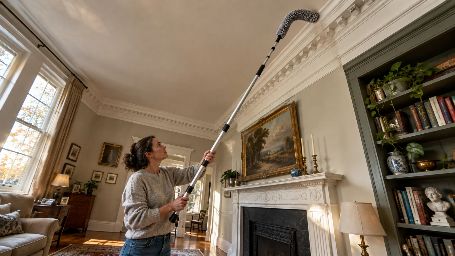 A woman extends a long telescopic microfiber duster to clean white crown molding along a high living room ceiling.