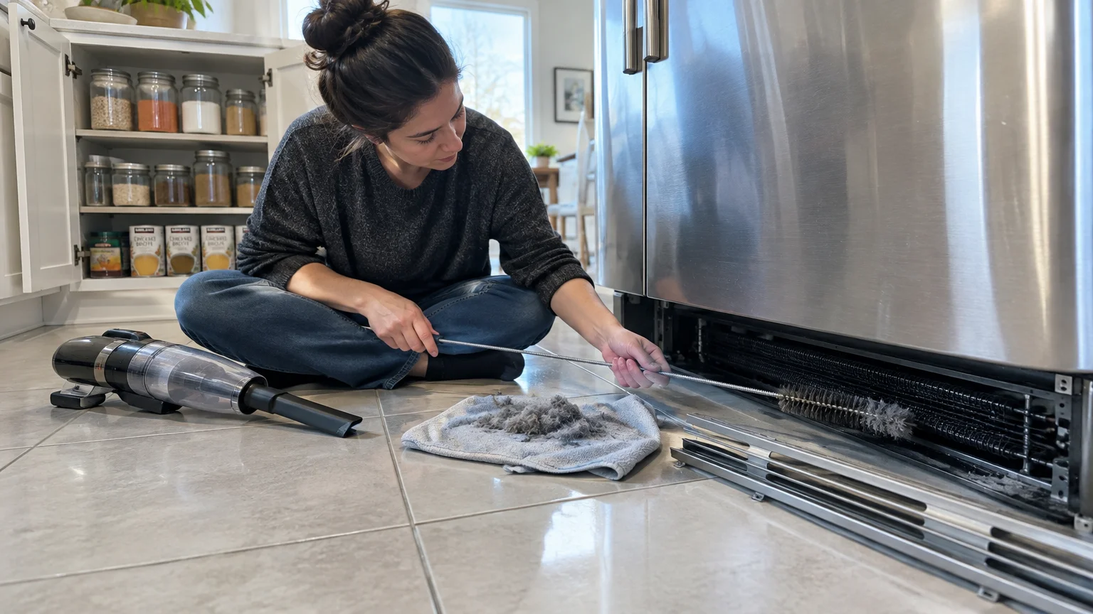 A woman sitting on a tiled kitchen floor cleans the condenser coils underneath a stainless steel refrigerator with a brush.