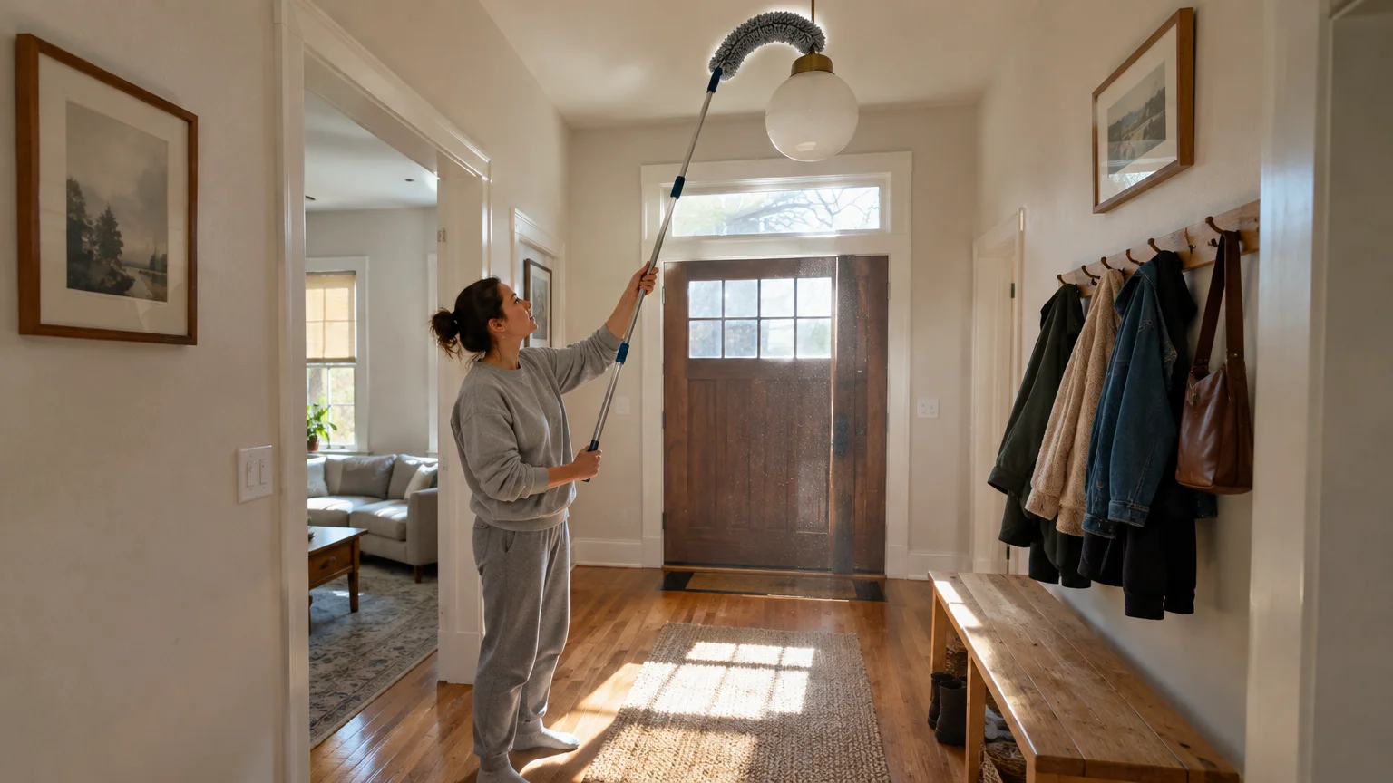 A woman cleans a high ceiling pendant light in a hallway using an extendable pole with a bent microfiber duster head.
