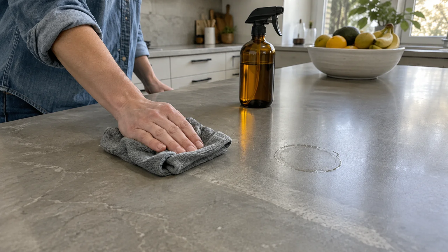 A person wipes a grey kitchen island with a microfiber cloth next to an amber glass spray bottle and a wet ring mark.
