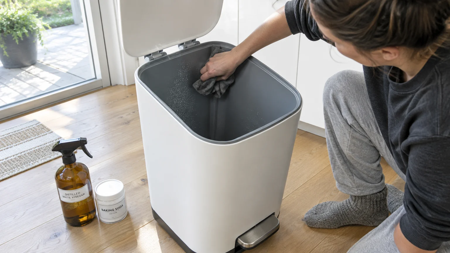 A person wiping the inside of an open white step trash can with a cloth beside vinegar spray and baking soda.