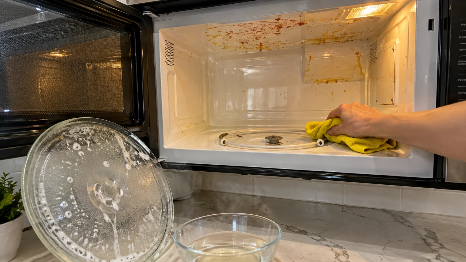 A hand wipes the inside of a stained microwave with a yellow cloth next to a soapy turntable tray and water bowl.