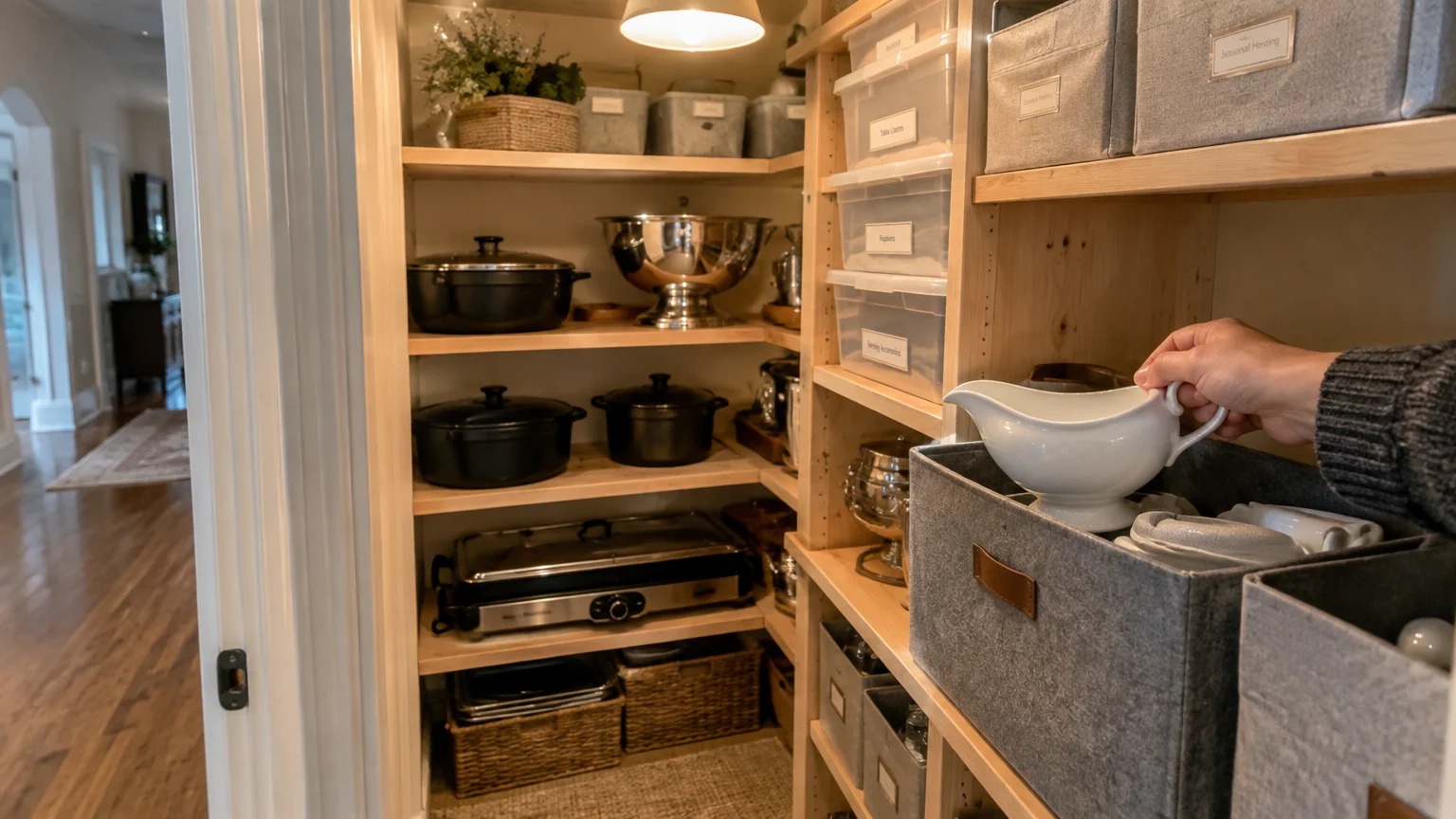 Walk-in pantry shelves holding pots, appliances, and bins as a person places a white gravy boat into a storage tote.