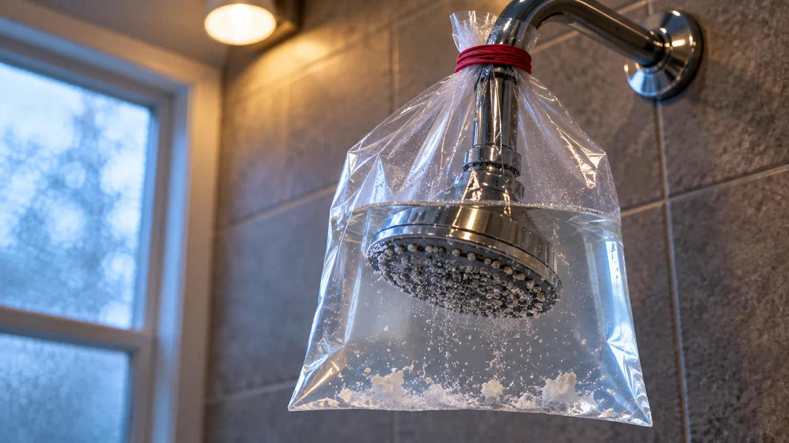 A showerhead secured inside a clear plastic bag filled with liquid and mineral sediment, tied with a red rubber band.