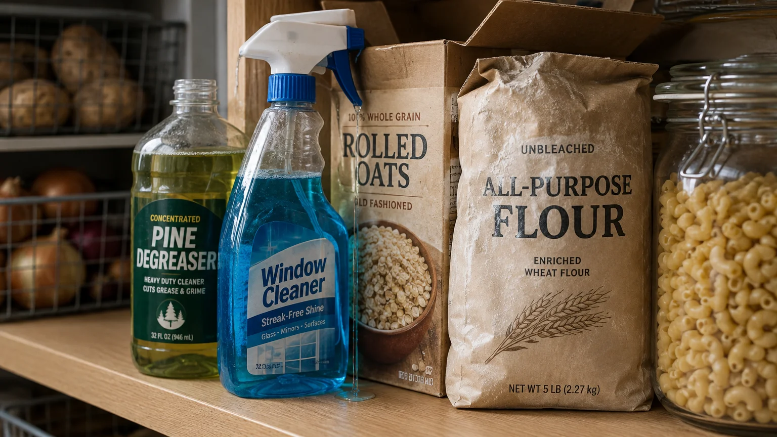 Spray bottle of blue window cleaner leaking onto a pantry shelf next to bags of flour and rolled oats.