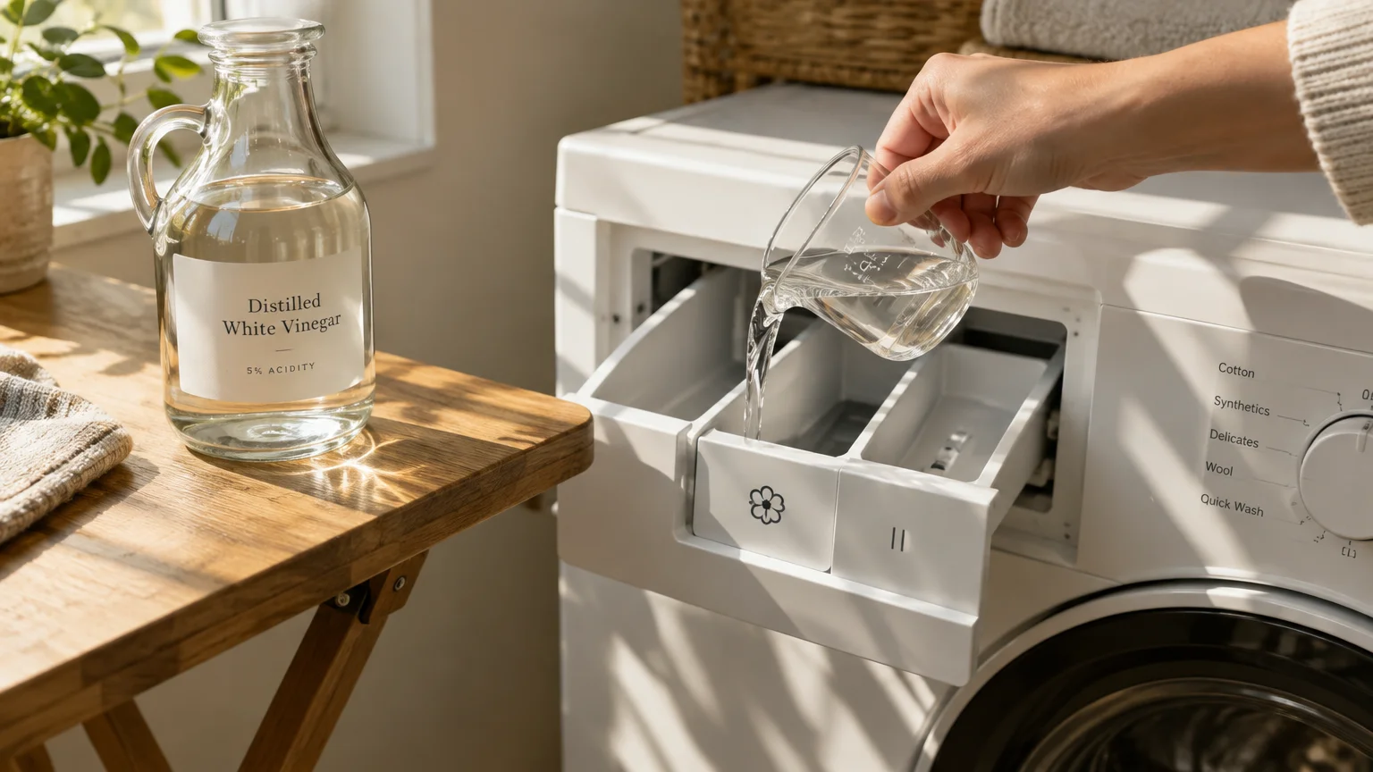 Hand pouring clear liquid from a measuring cup into a washing machine dispenser drawer beside a bottle of white vinegar.