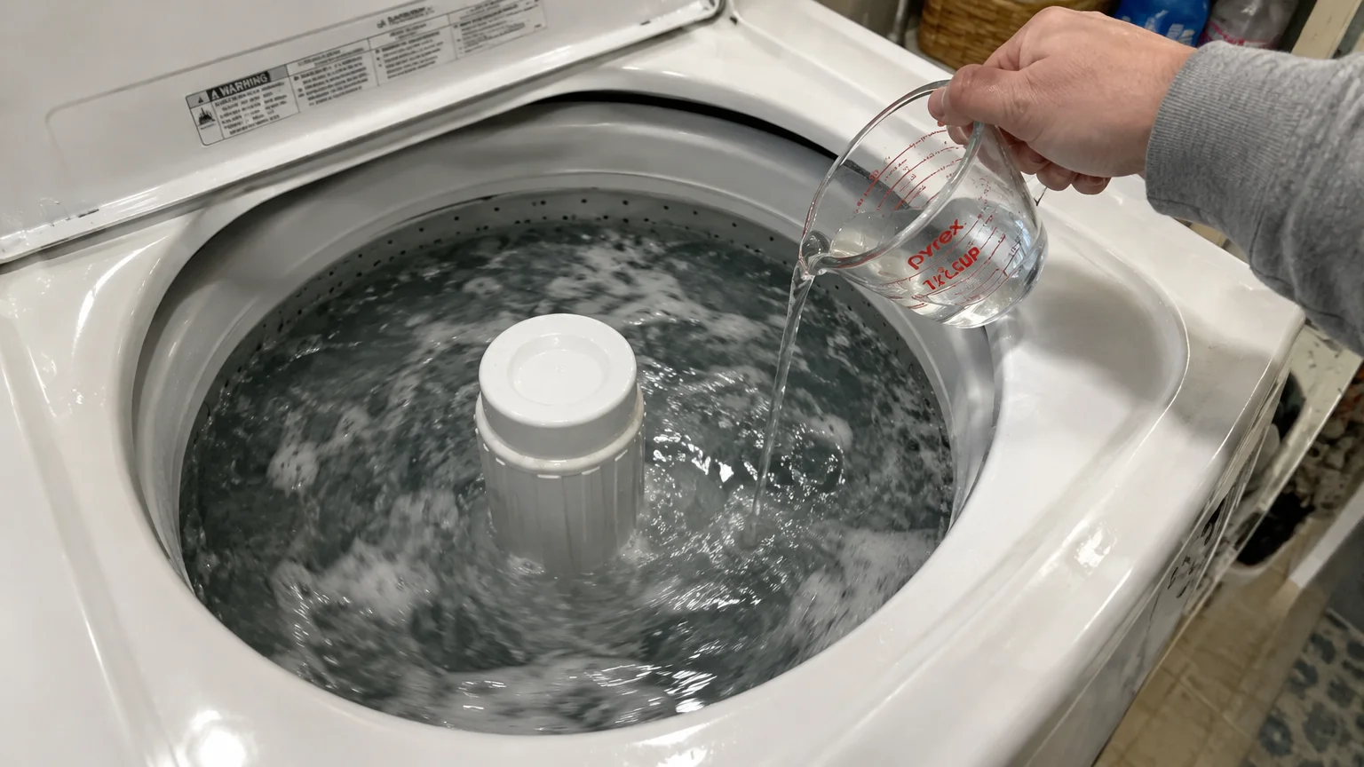 A person pours liquid from a glass measuring cup into a top-loading washing machine filled with water.