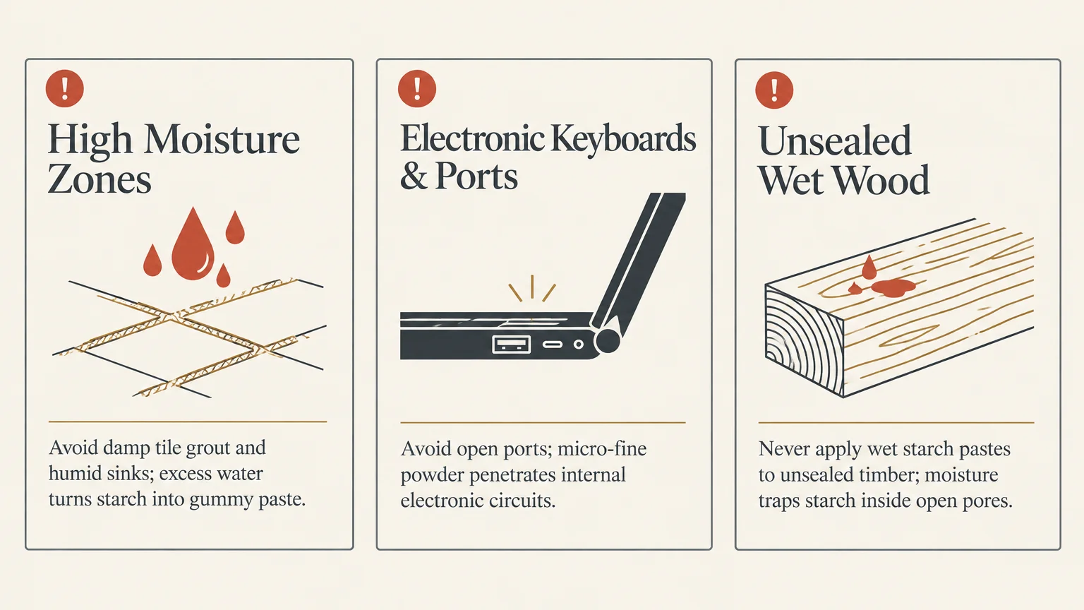 Three warning panels showing high moisture tile grout, electronic keyboard ports, and unsealed wet wood with caution icons.