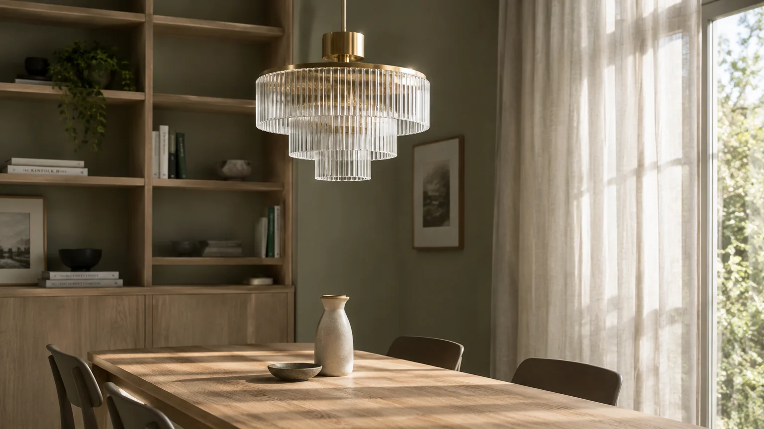 Tiered fluted glass chandelier with brass hardware hanging above a wooden dining table in a sunlit room.