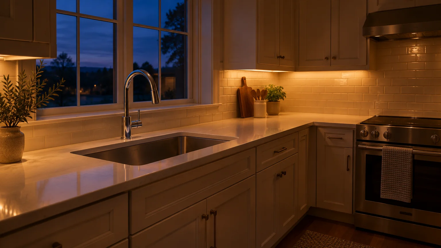 Clean kitchen counter and sink illuminated by warm under-cabinet lighting at dusk with empty countertops.