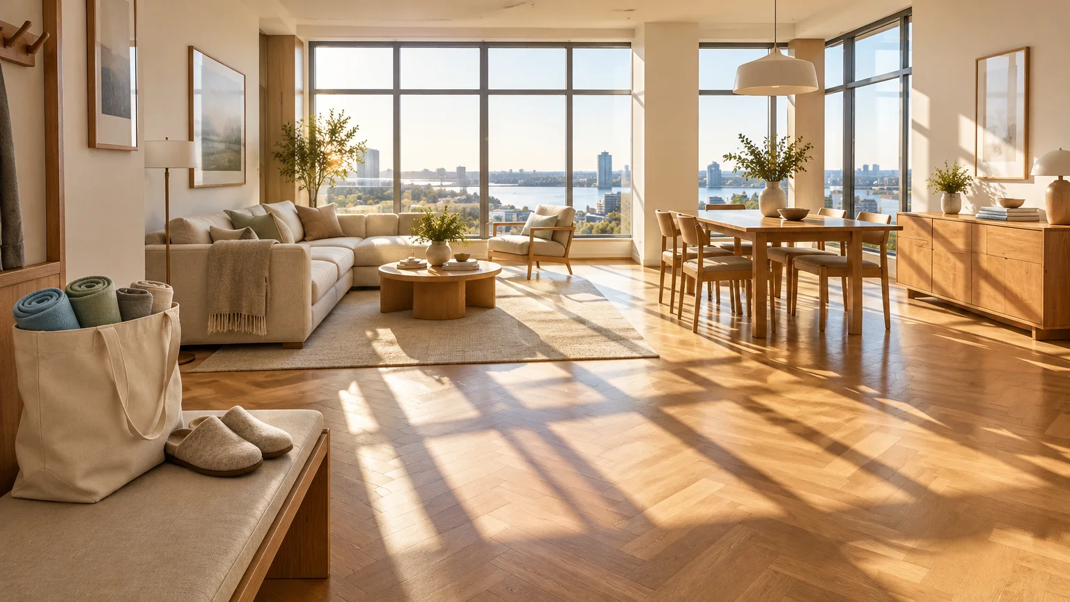 Sunlit open-concept living and dining room with large windows overlooking a city skyline and water.