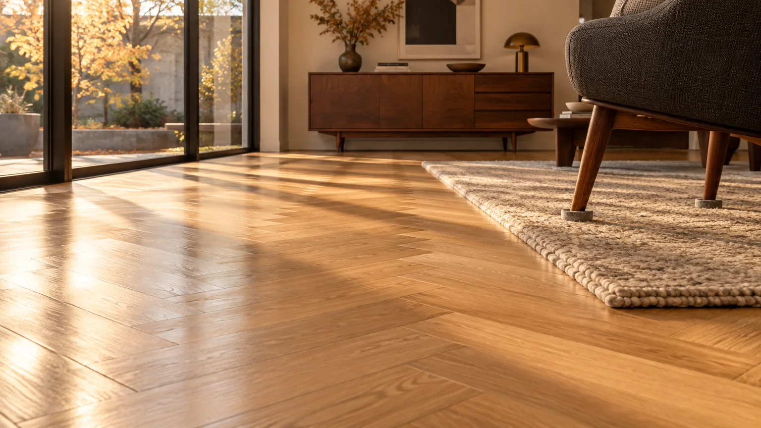Sunlight reflecting across a herringbone pattern hardwood floor in a sunlit living room with an area rug and furniture.