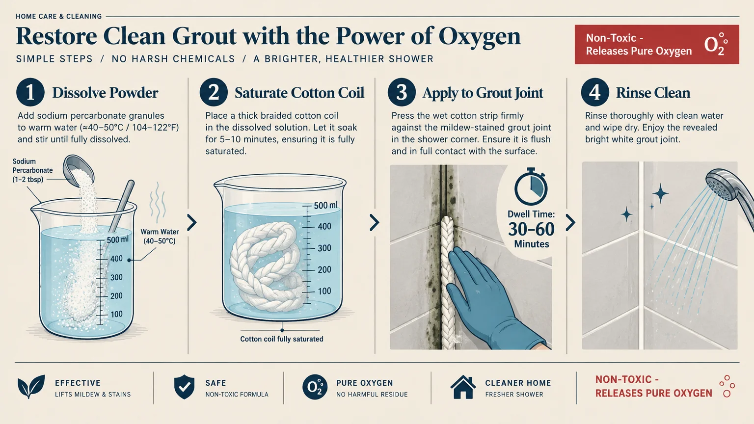 Four-step diagram showing how to mix powdered oxygen bleach, soak cotton coil, apply it to grout, and rinse.