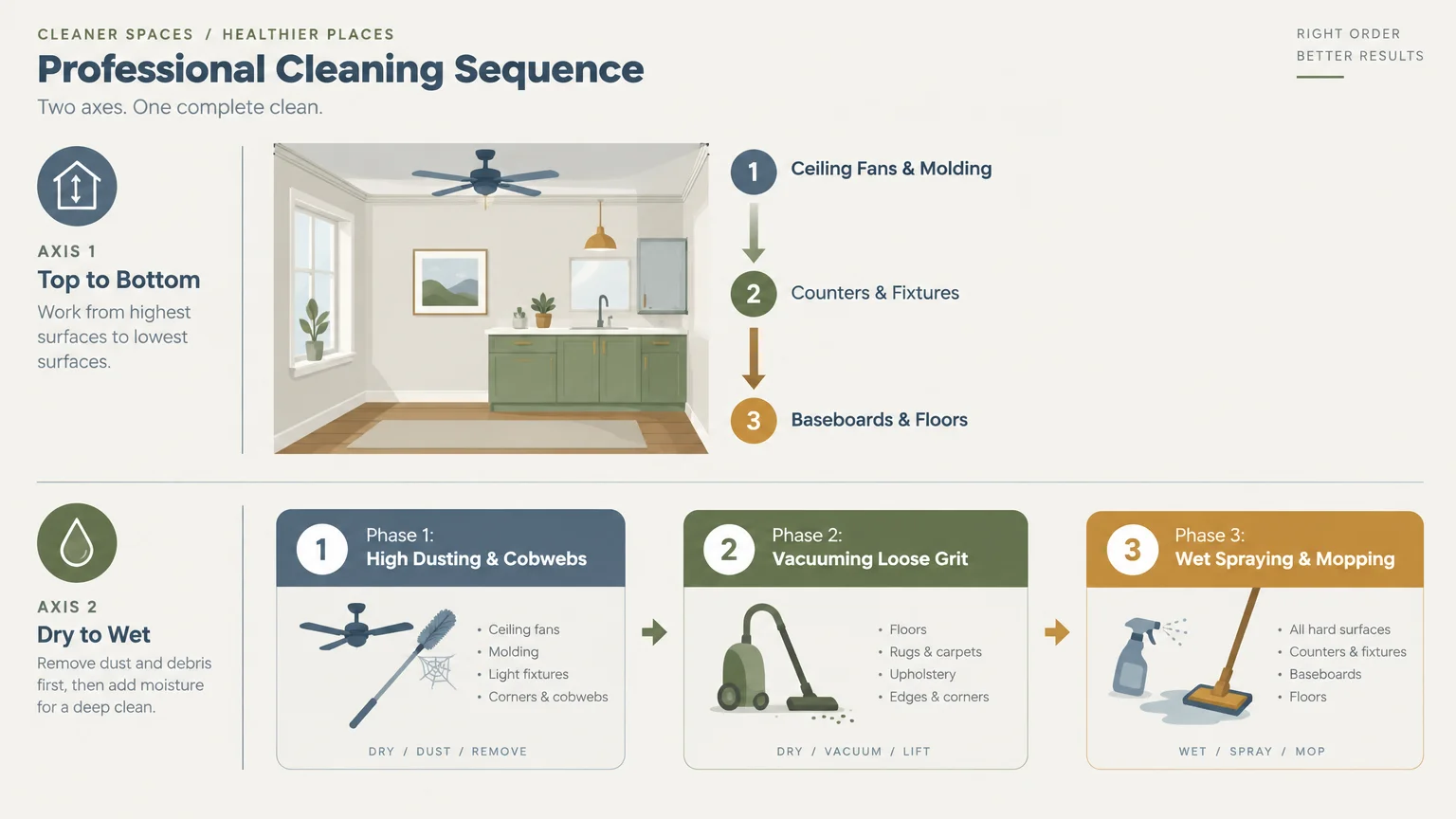 Diagram outlining professional cleaning sequences across two axes: top to bottom and dry to wet workflow phases.