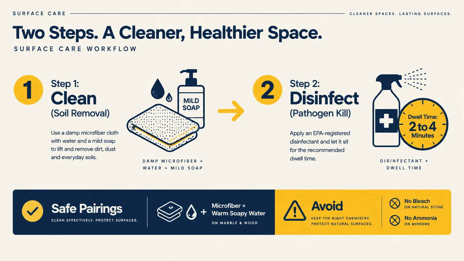 Diagram illustrating a two-step surface care workflow: Step 1 Clean with soap and cloth, followed by Step 2 Disinfect.