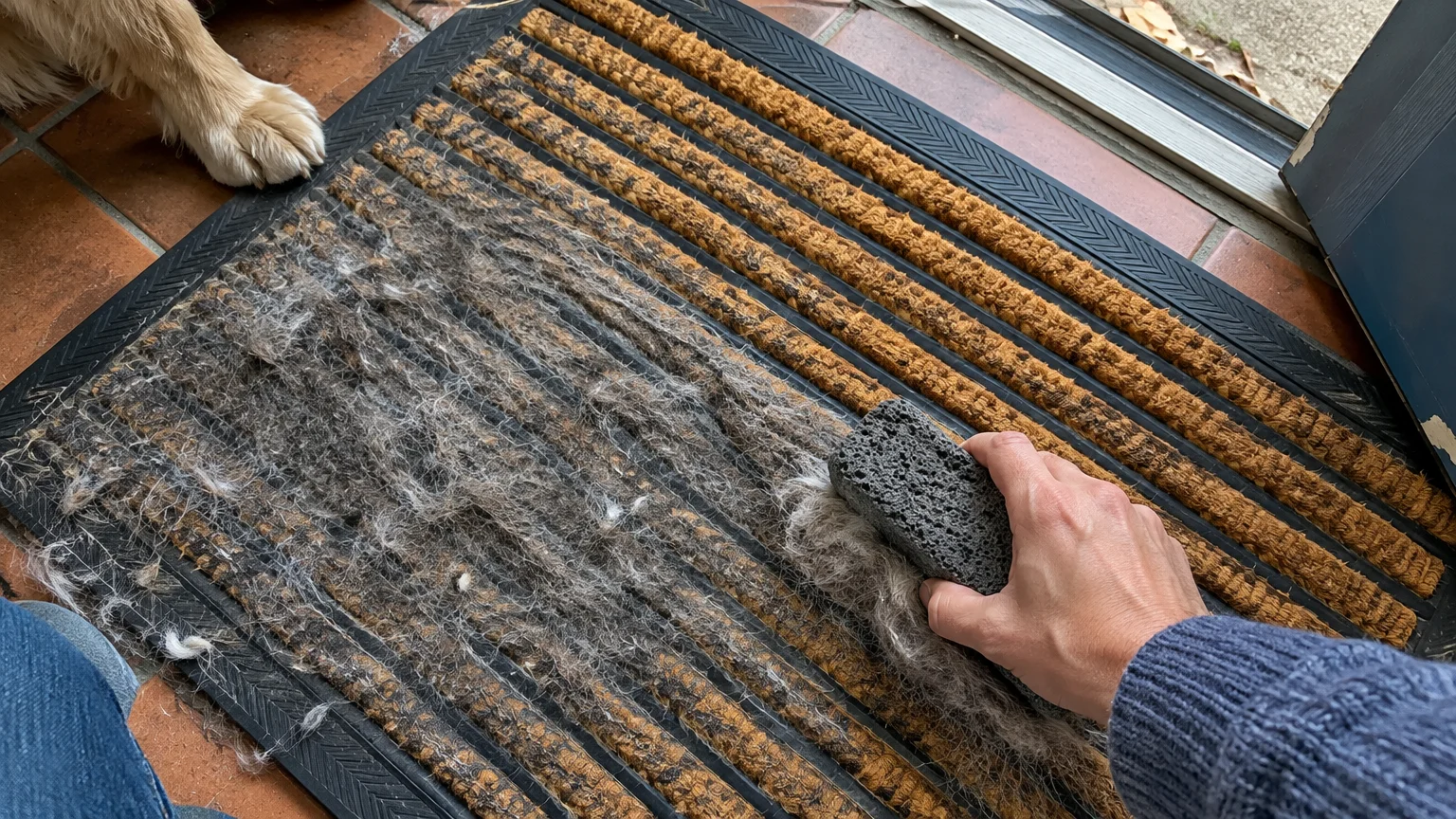 A person rubs a dark pumice stone across a ribbed doormat to scrape away accumulated pet hair.