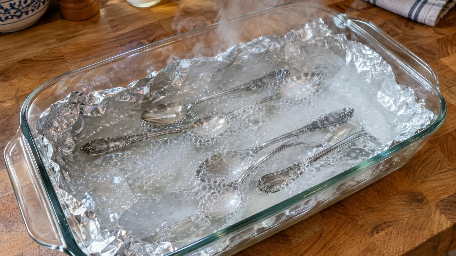 Silver spoons soaking in steaming water inside a glass baking dish lined with aluminum foil on a wooden counter.