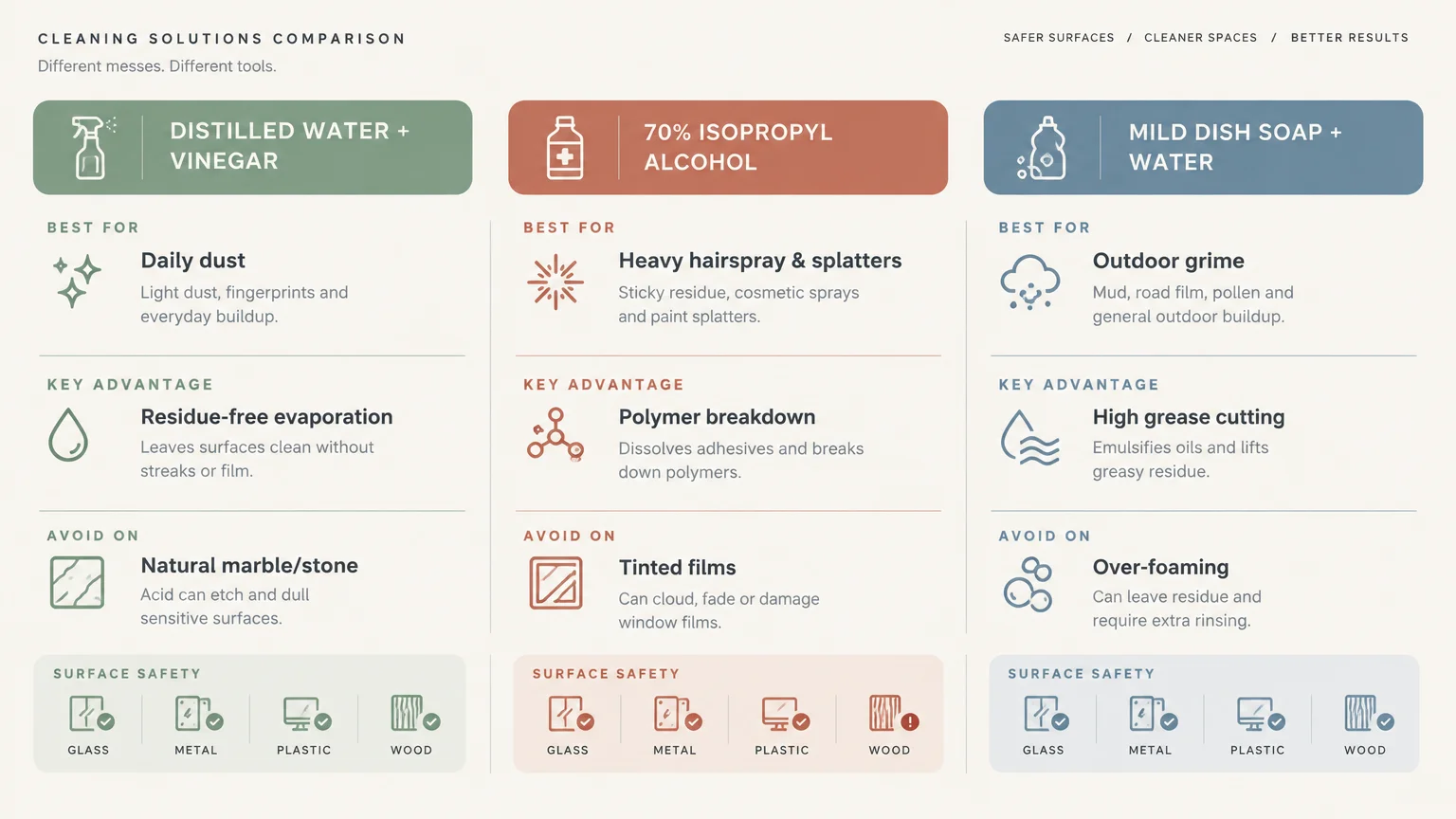 Infographic chart comparing distilled water and vinegar, 70% isopropyl alcohol, and mild dish soap cleaning solutions.