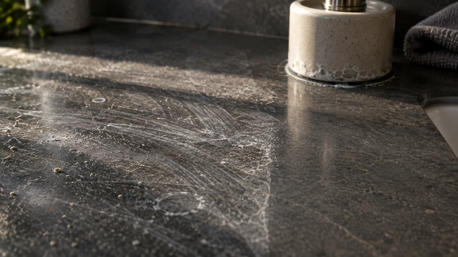 Streaky white residue and water rings dried across a dark granite bathroom countertop next to a soap dispenser.