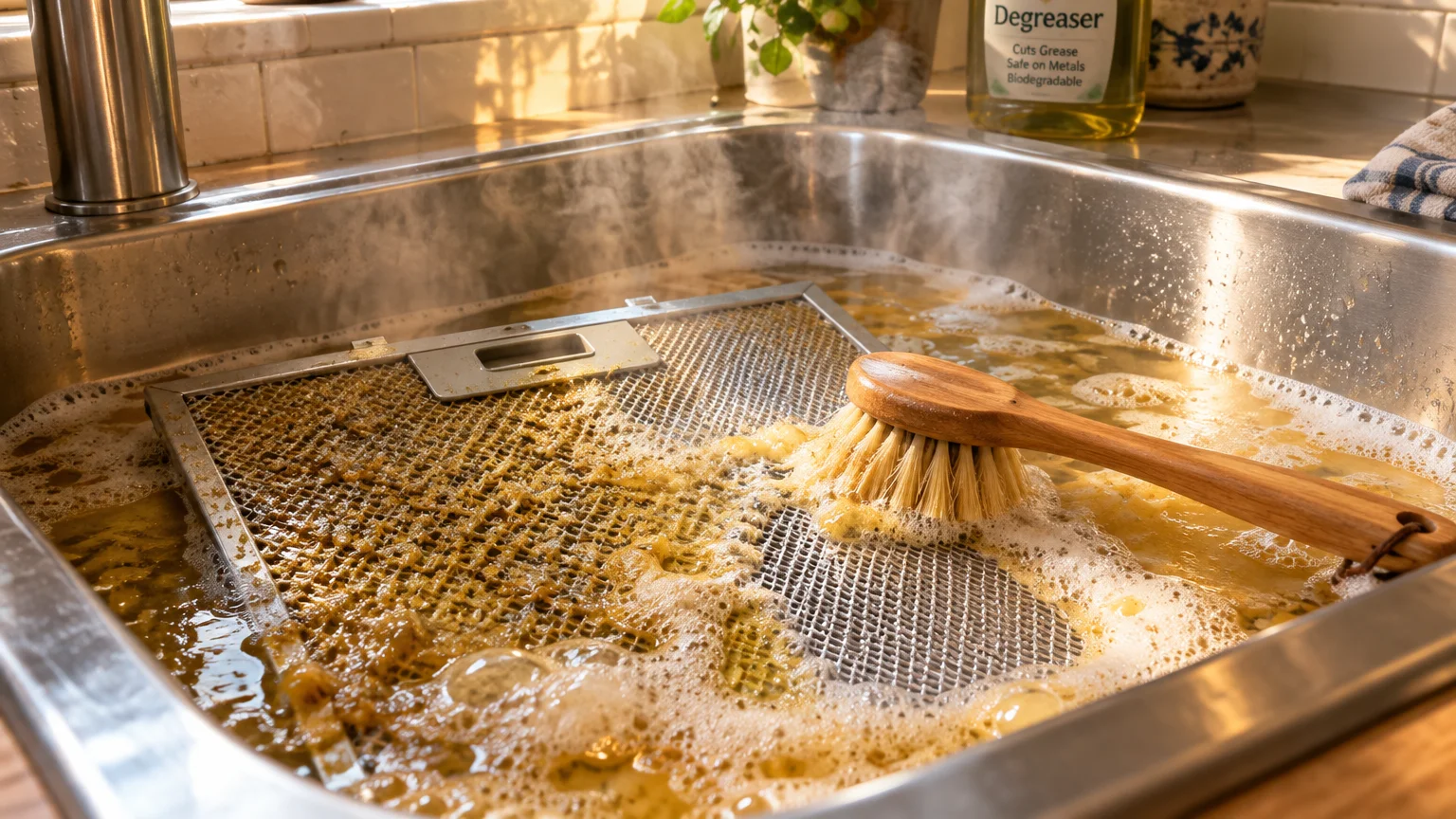 A metal range hood mesh filter soaks in steaming soapy water inside a stainless steel sink with a wooden scrub brush.