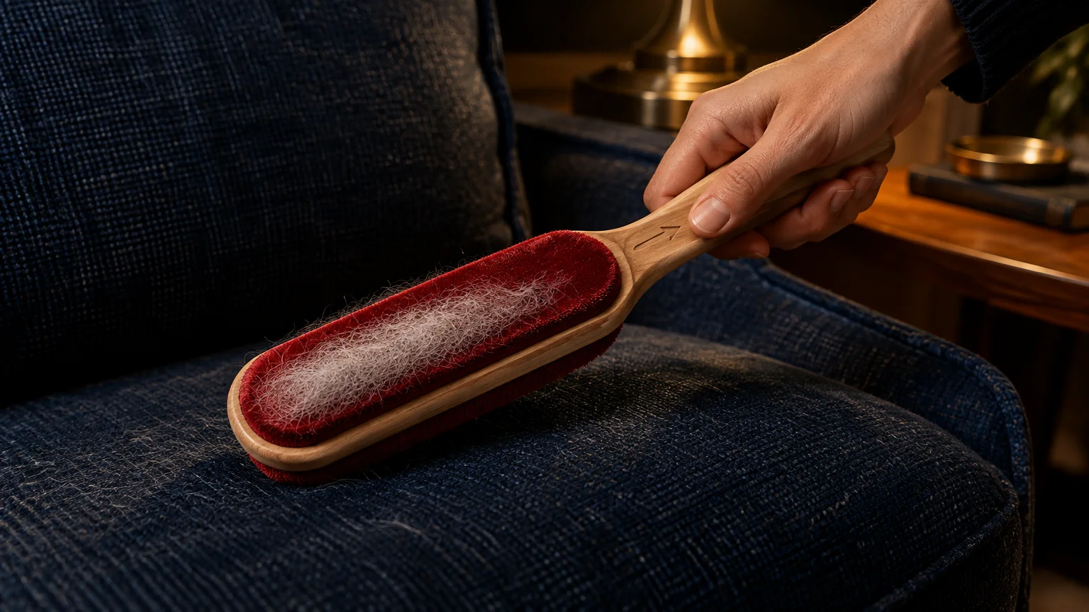 Hand holding a wooden velvet lint brush coated with white pet hair over a navy textured armchair.