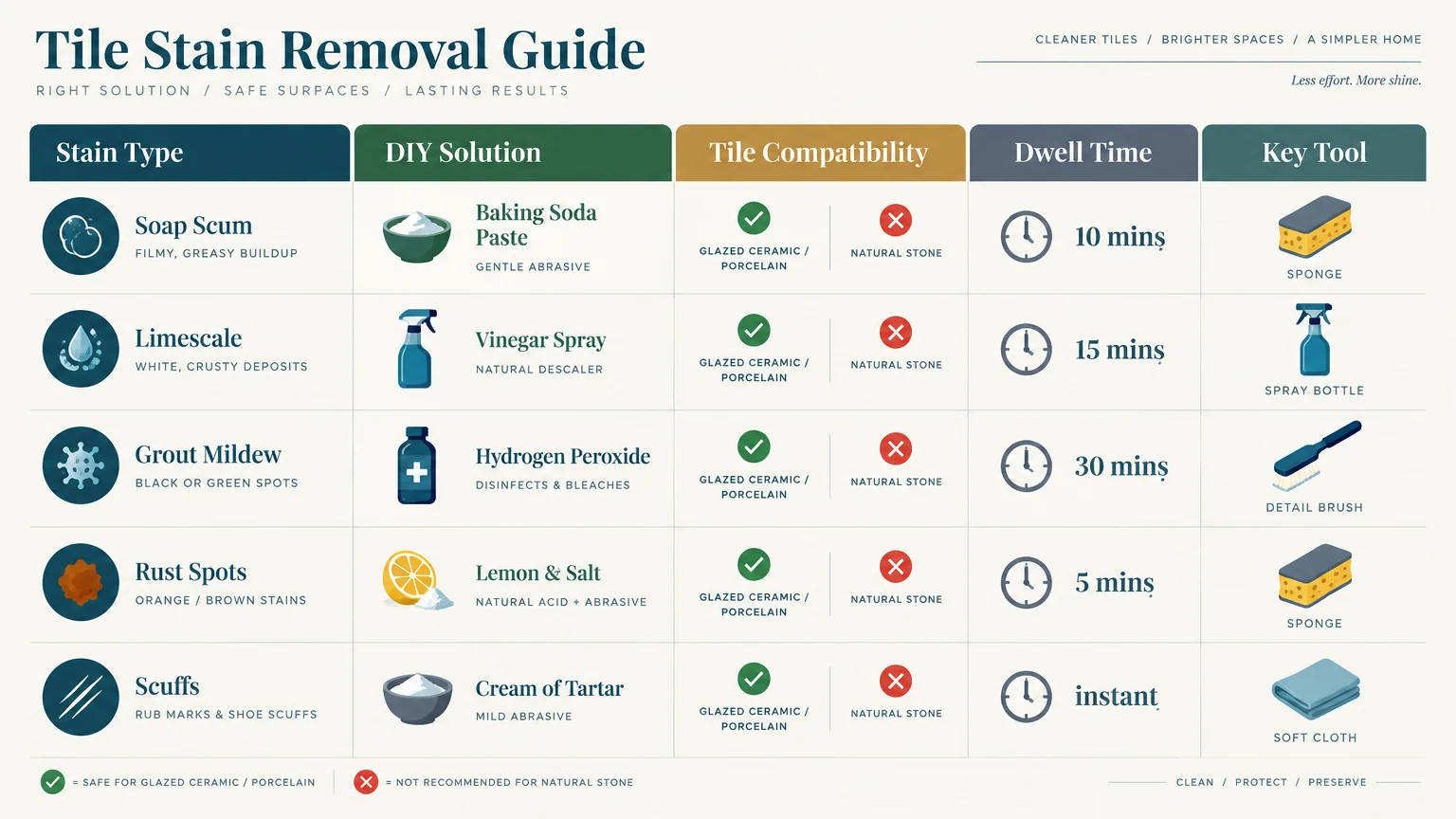 Tile Stain Removal Guide chart detailing DIY solutions, surface compatibility, dwell times, and tools for various stains.