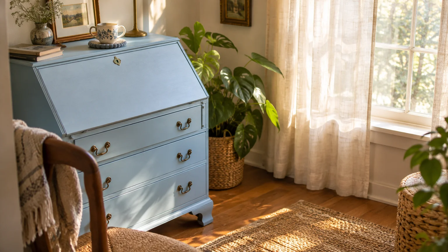 Light blue painted secretary desk beside a sunny window with sheer curtains, houseplant, and woven rug.