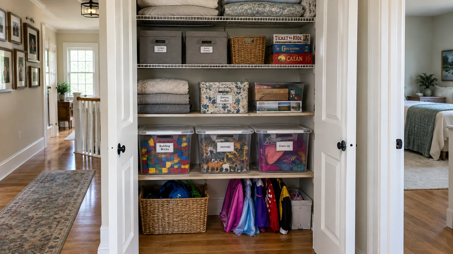 Open closet with folded linens and games on upper shelves, and labeled clear plastic toy bins on lower shelves.