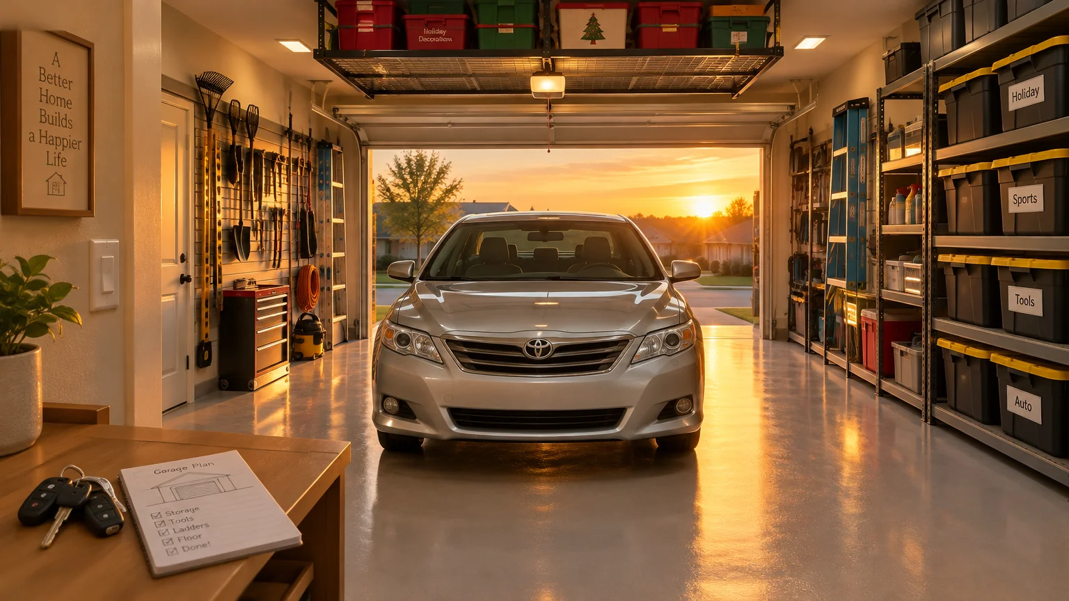 A clean, organized garage with a silver car parked inside, wall racks holding tools, and bins stacked on shelves.