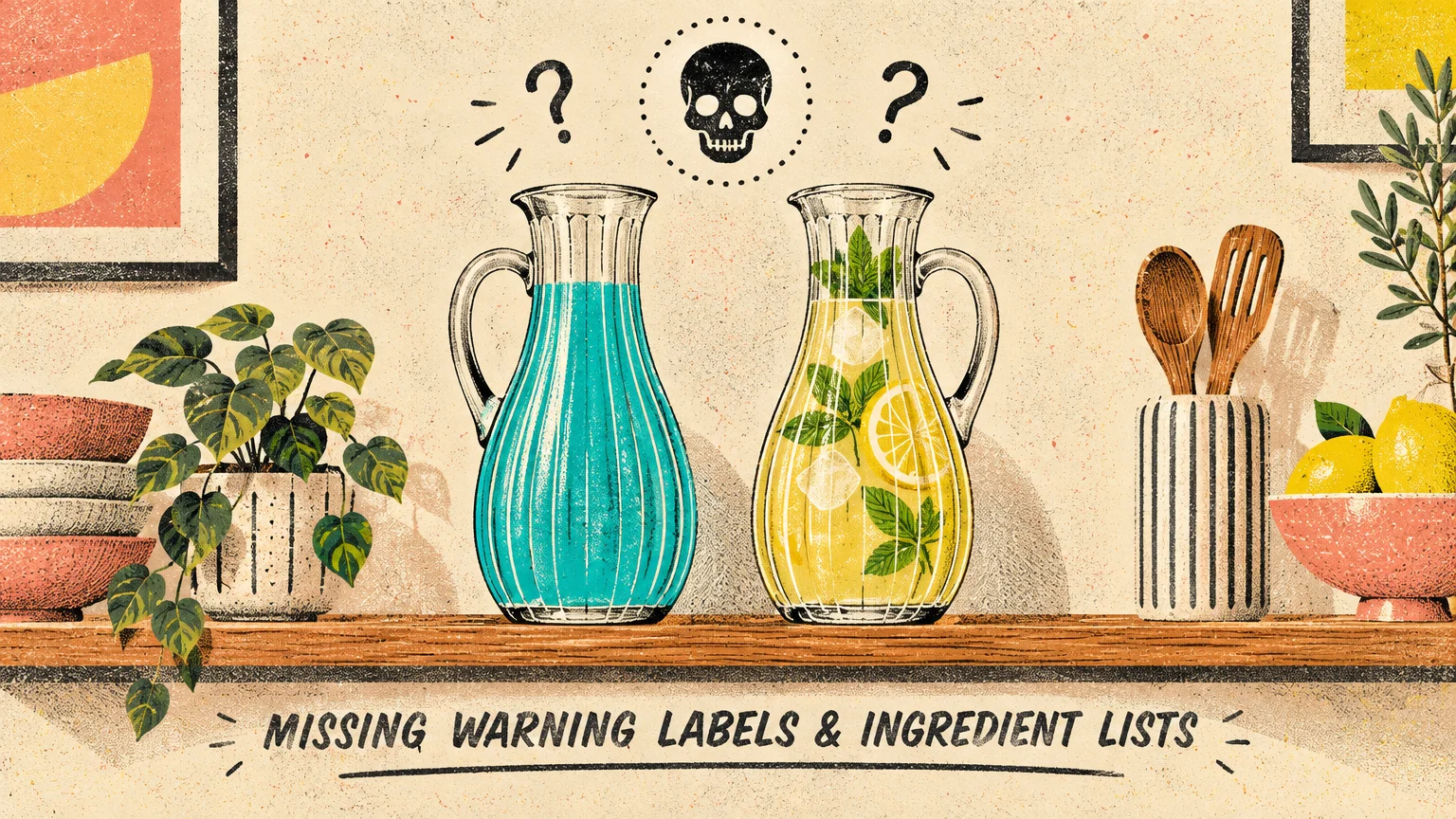 Illustration of glass pitchers of blue liquid and lemonade on a shelf beneath a skull icon and question marks.