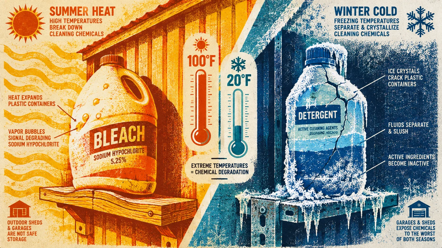 Split illustration showing summer heat degrading a bleach jug on the left and winter cold freezing a detergent bottle on the right.