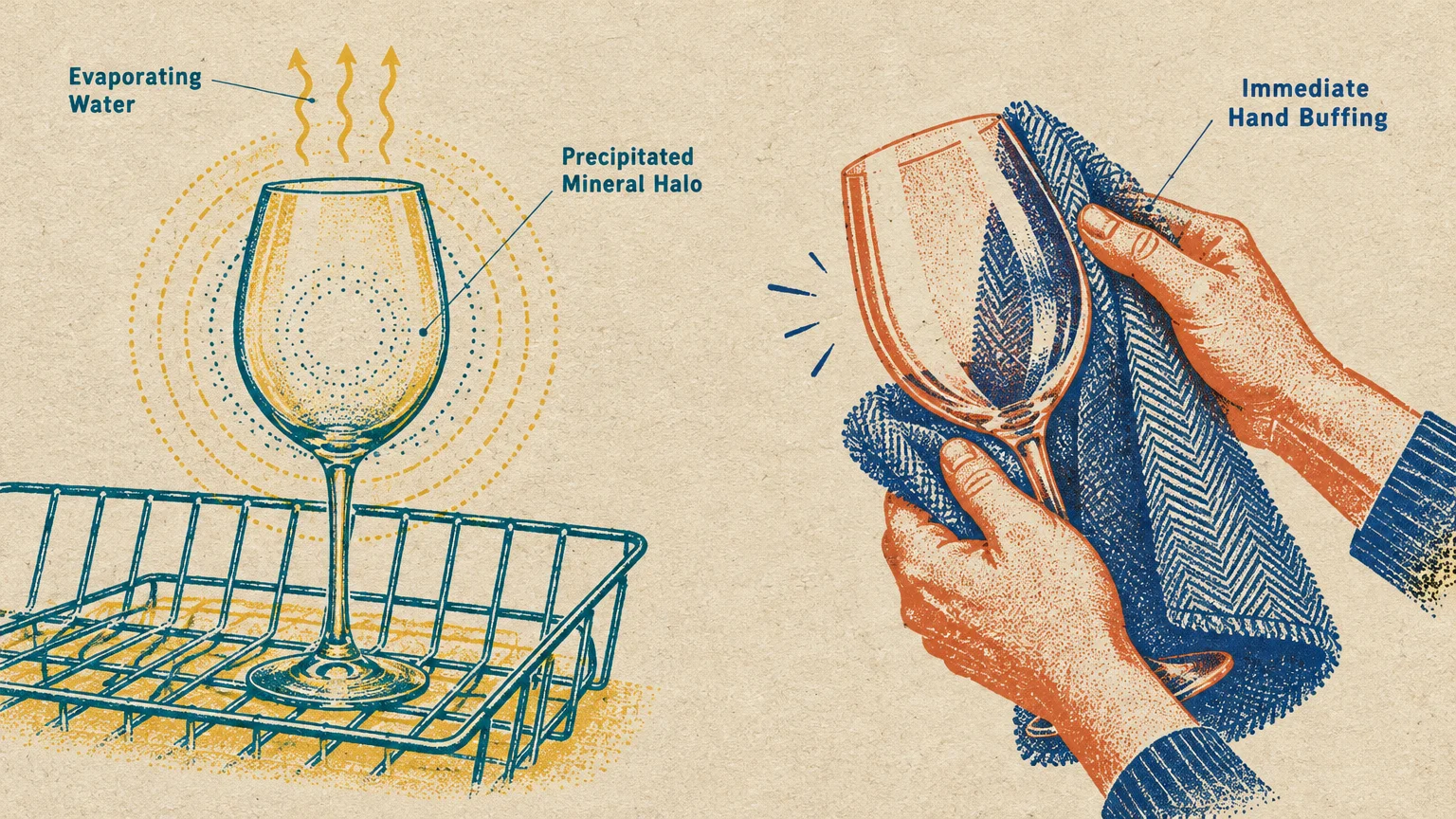 Illustration comparing a wine glass air-drying in a rack to hands drying a glass with a patterned cloth.