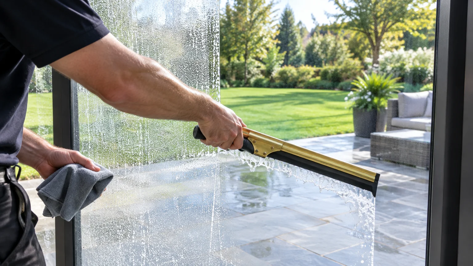 Person using a brass-backed rubber squeegee to clear soapy water from a large glass patio door.