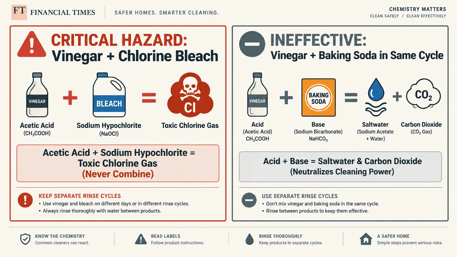 Diagram warning against mixing vinegar with bleach, which forms toxic chlorine gas, or baking soda, which neutralizes it.