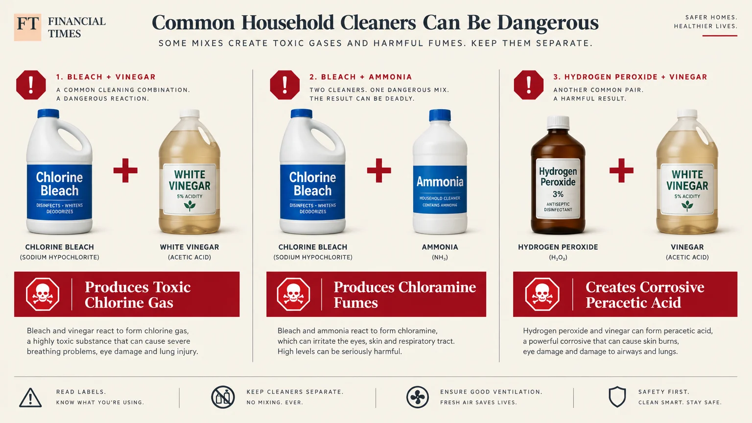 Diagram outlining dangerous cleaning combinations including bleach mixed with vinegar, ammonia, or hydrogen peroxide.