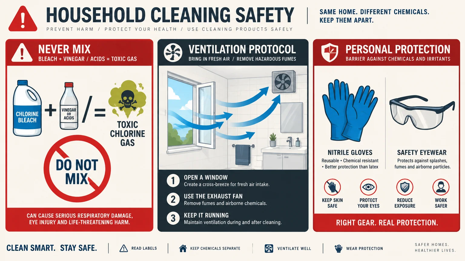 Household cleaning safety infographic covering chemical mixing hazards, bathroom ventilation protocols, and protective gear.