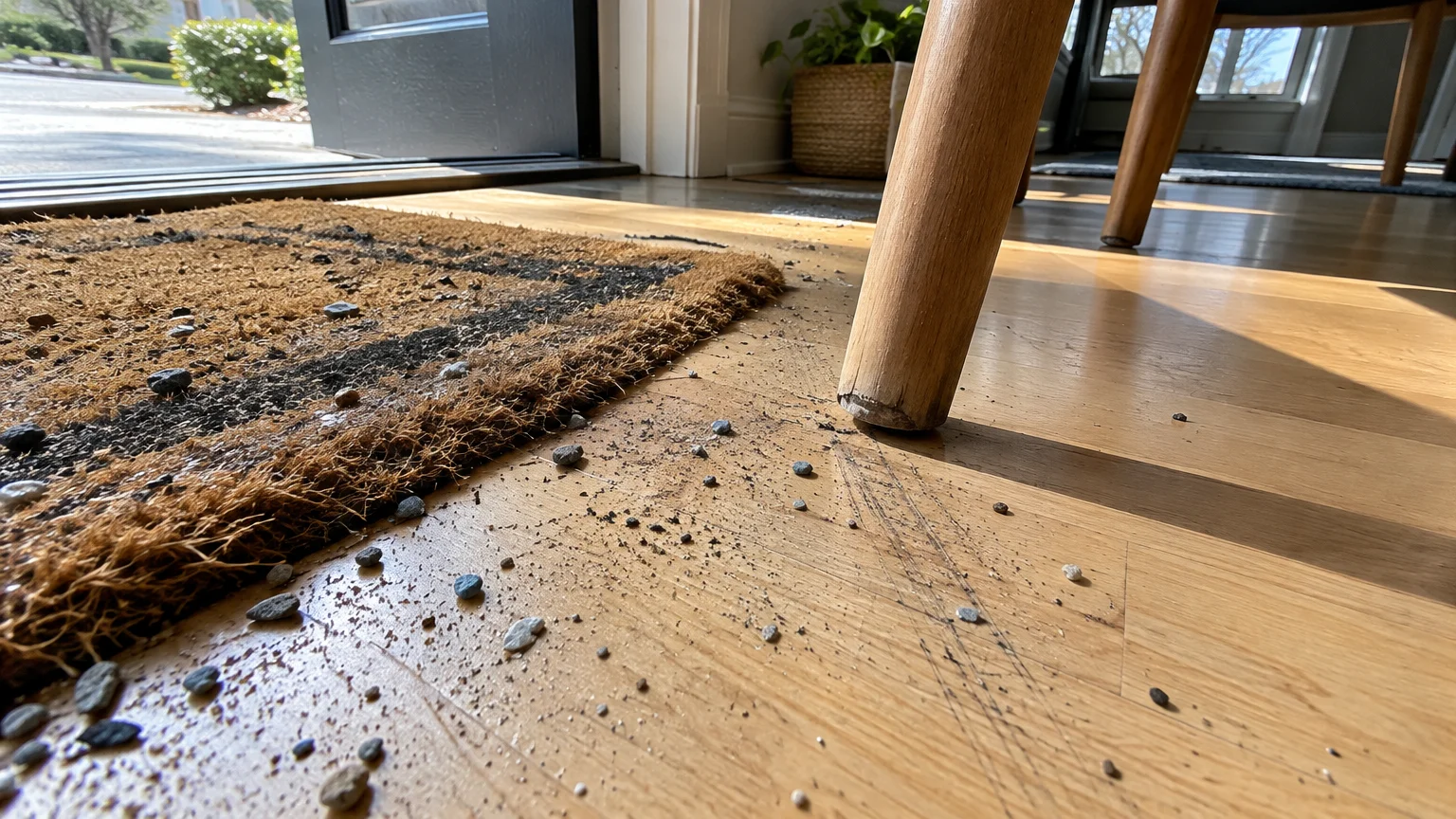 Dirt and small gravel scattered on hardwood floor next to an entryway doormat and a wooden chair leg leaving scratches.