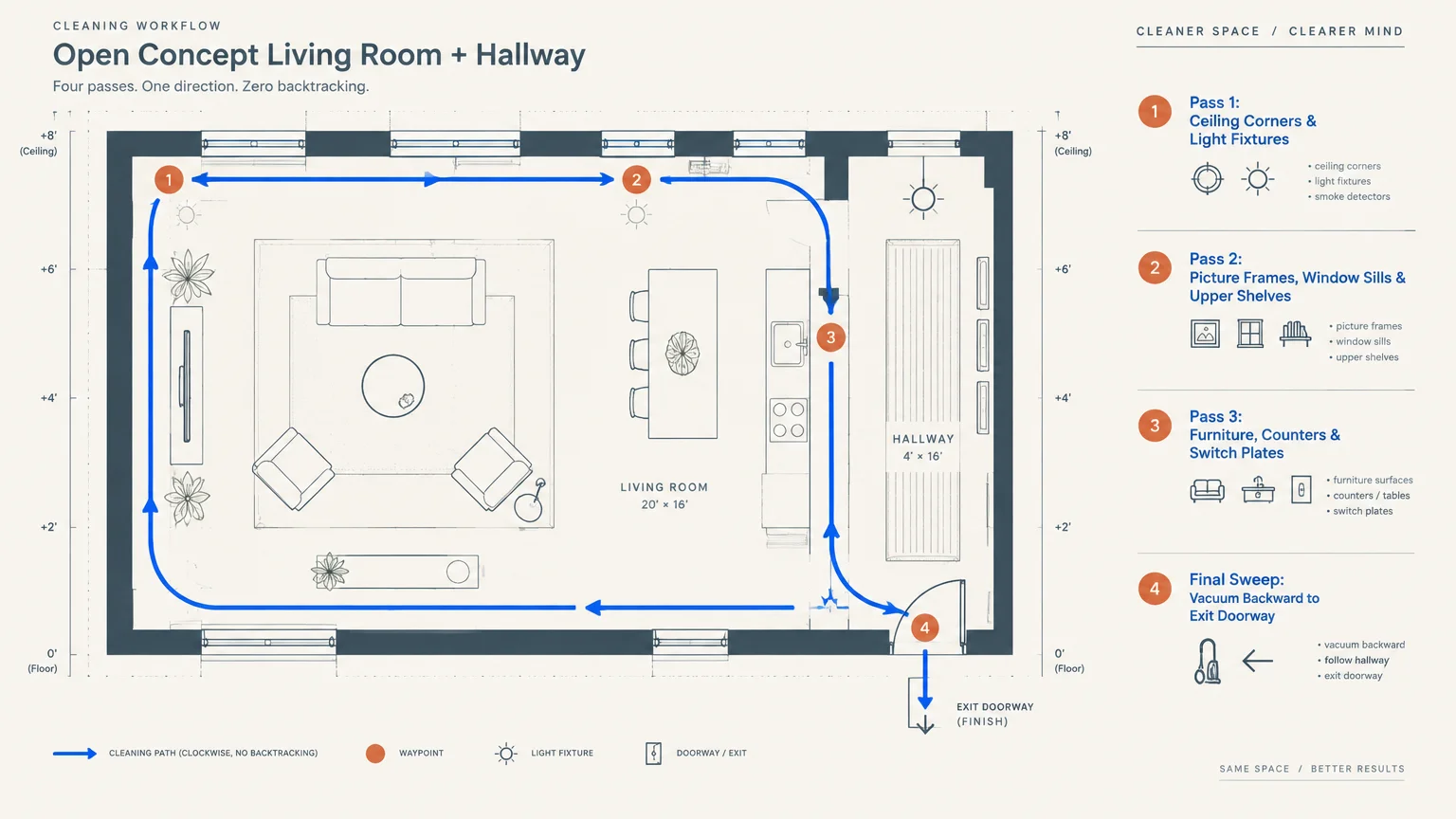 Floor plan diagram illustrating a clockwise perimeter cleaning path through a living room with numbered steps.