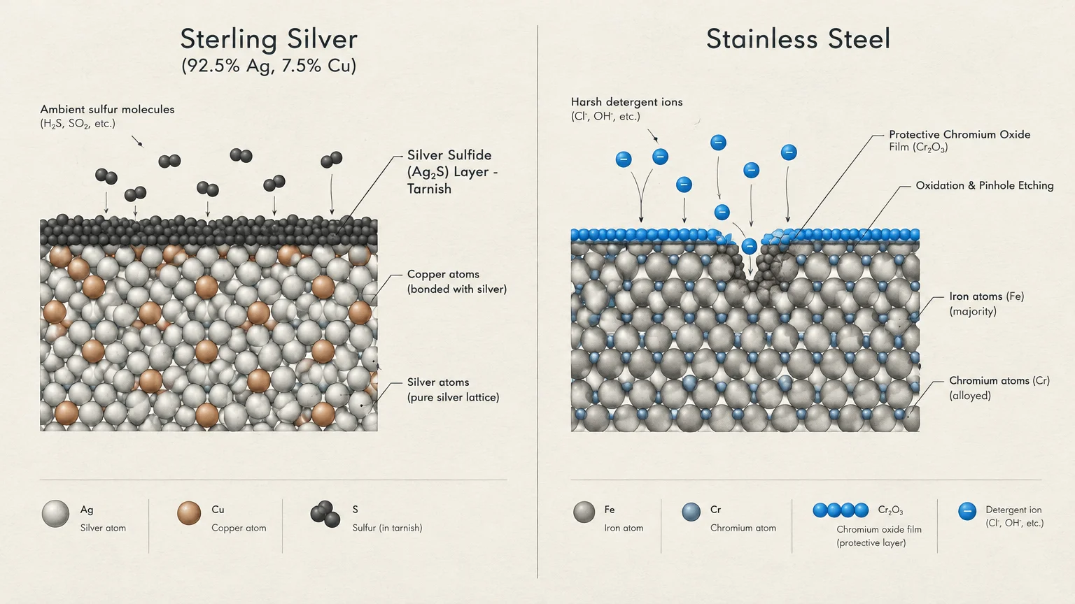 Diagram comparing atomic reactions of sterling silver tarnishing with stainless steel protective chromium oxide etching.