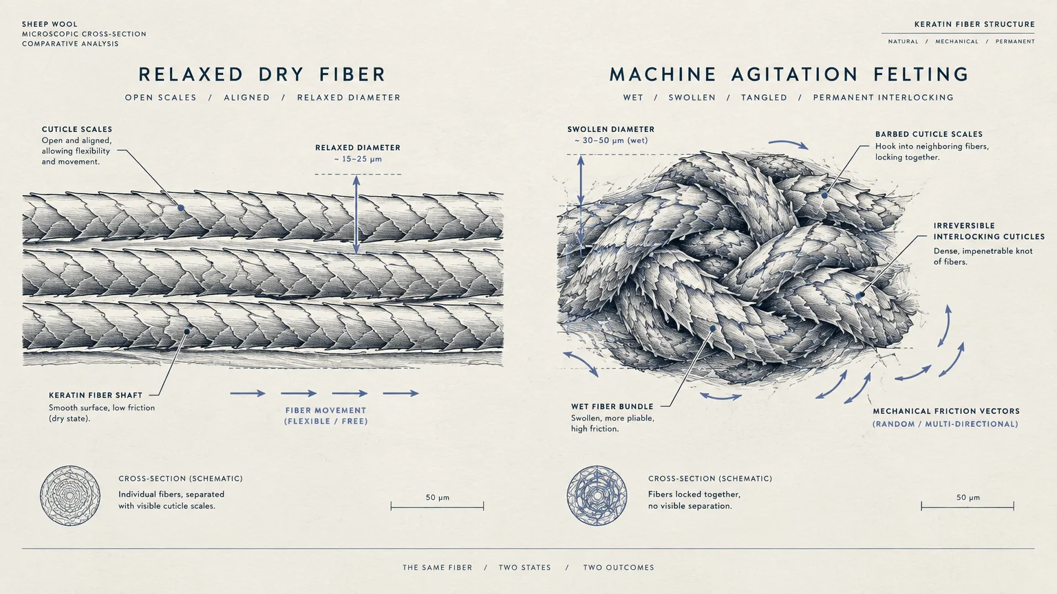 Comparative diagram showing smooth, aligned dry wool fibers next to tightly knotted, felted fibers with interlocking scales.