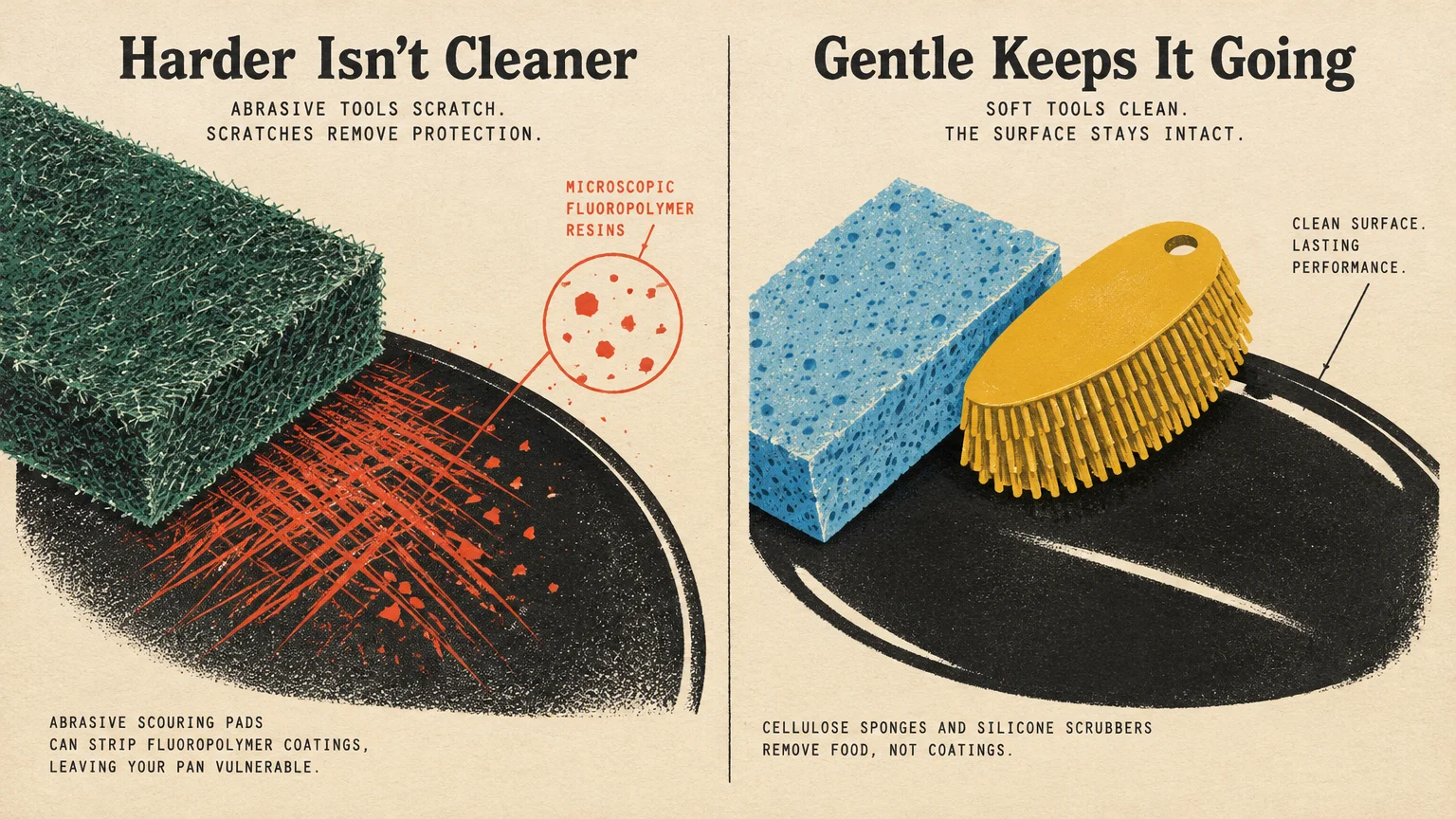 Split illustration showing an abrasive green pad scratching a pan versus a blue sponge and silicone scrubber cleaning smoothly.