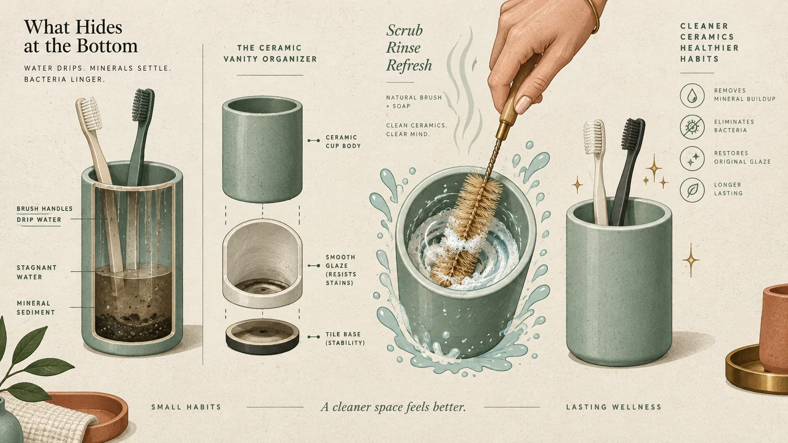 Infographic showing dirty sediment inside a ceramic toothbrush cup alongside steps for cleaning it with a bottle brush.