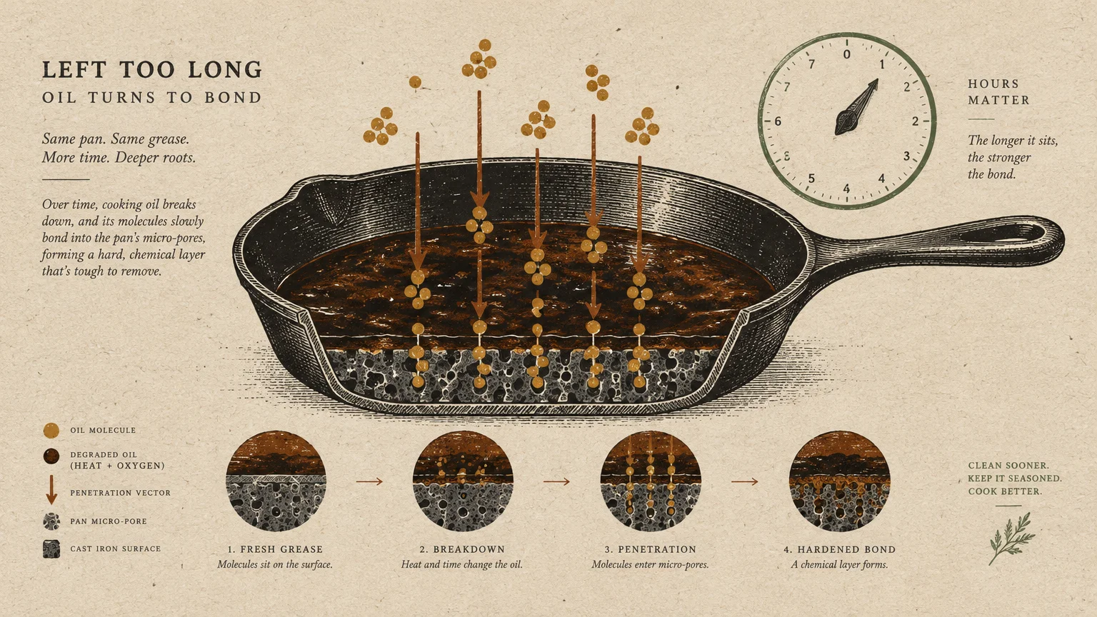 Diagram of a skillet showing oil molecules penetrating surface micro-pores and hardening over time beside a clock.